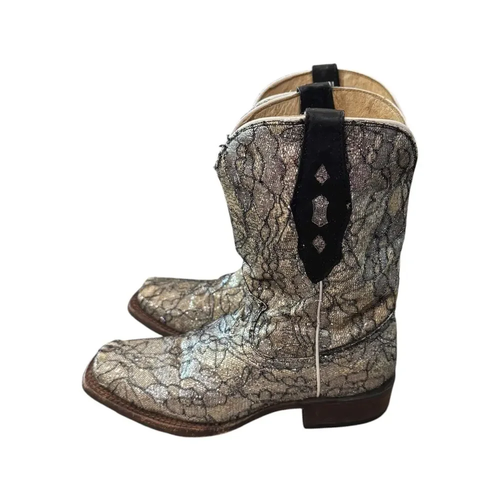 Tanner Mark Kids Youth 4 Metallic Lace Western Cowboy Boots Silver Black